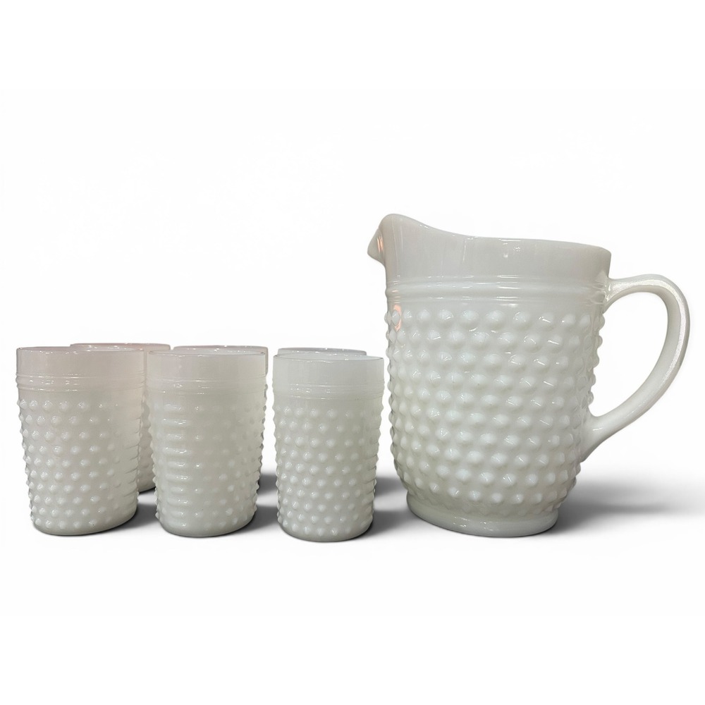 Vintage Anchor Hocking Hobnail Milk Glass Large Pitcher + 6 Cups Glasses Set